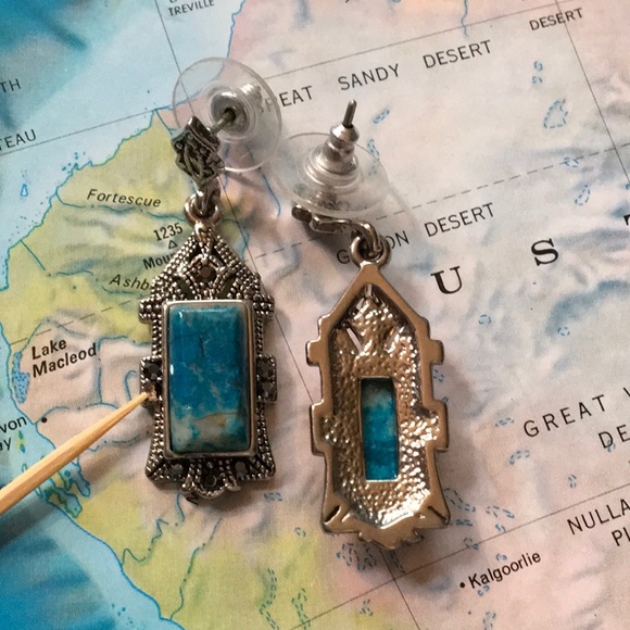 Turquoise Marcasite Pierced Earrings Missing Stone - Picture 5 of 8